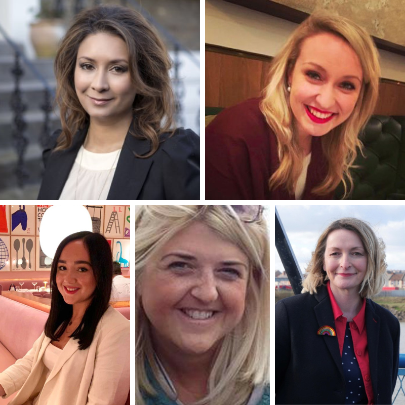 International Womens Day collage. Pictured: (L-R) Ayesha Hazarika, Nerissa Chesterfield, Shannon Donnelly, Jill Cuthbertson and Jess Morden MP.